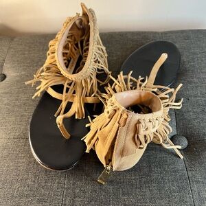 Diane Von Furstenberg Tan and Black Fringed Sandals